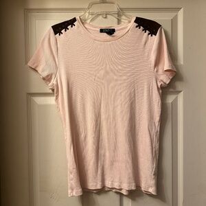 Lauren Ralph Lauren || Pink and Brown Tee || Faux Leather Capped Shoulders || XL